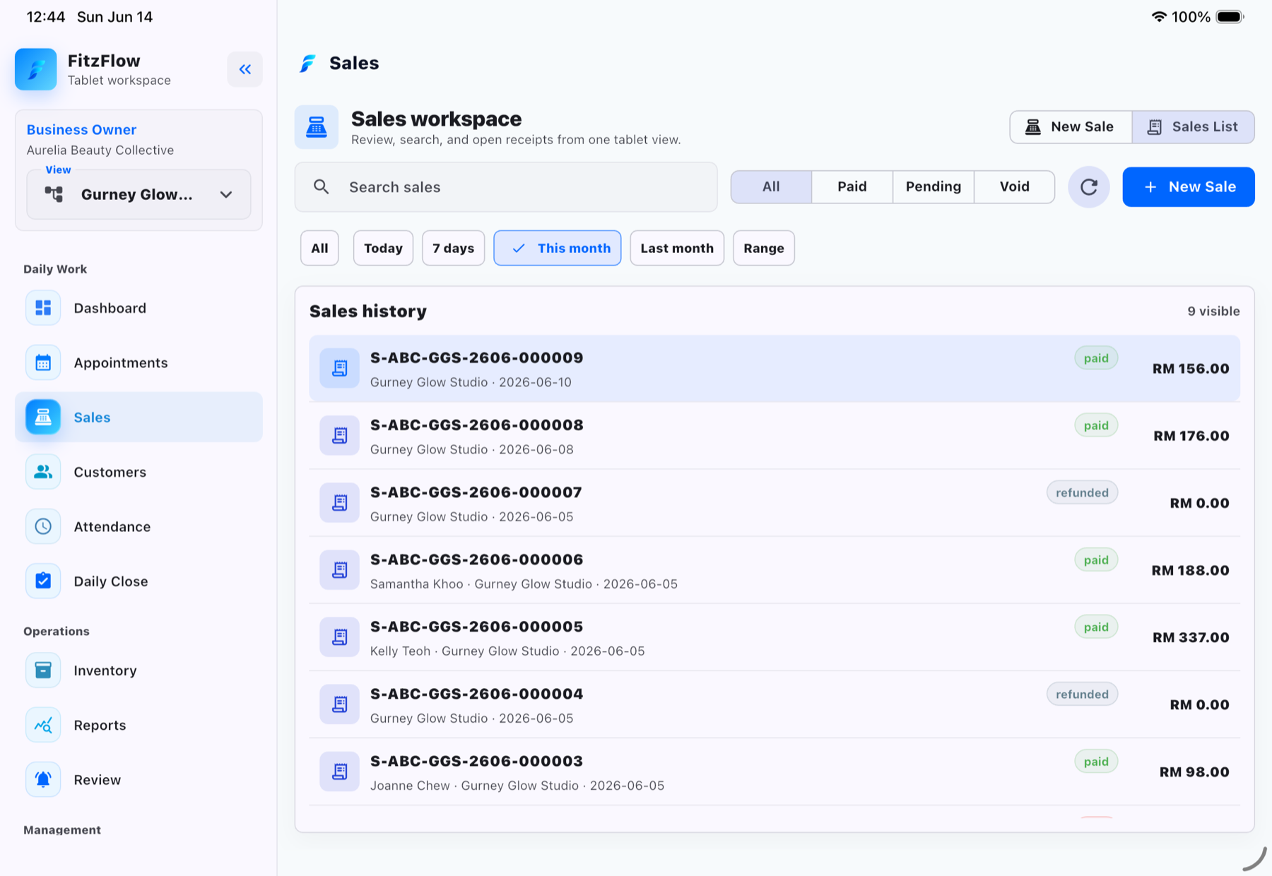 FitzFlow tablet sales history list with filters.