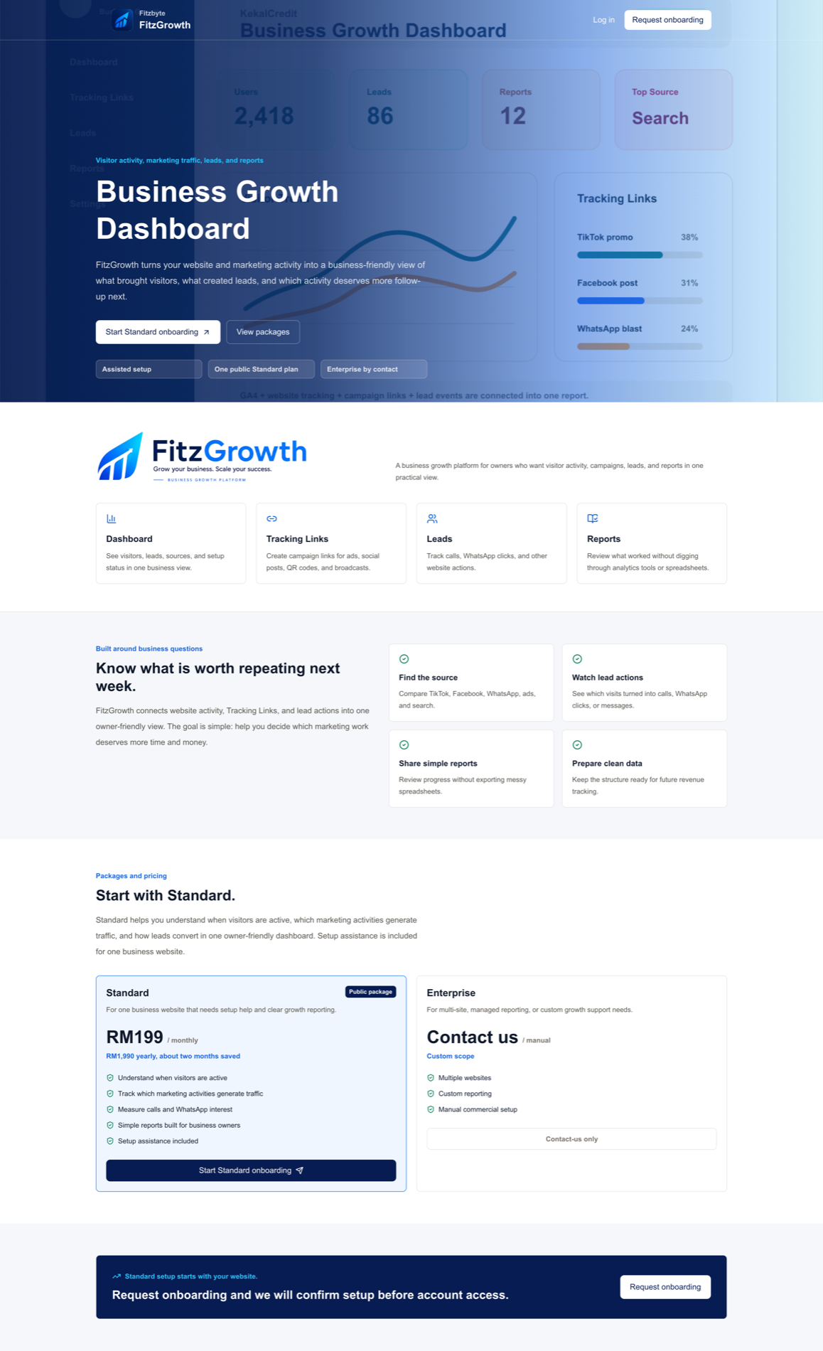 FitzGrowth public product website with packages and onboarding.